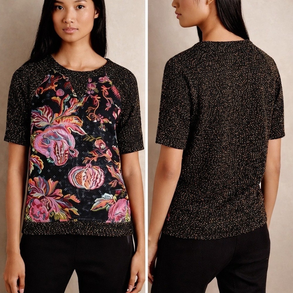 Anthropologie James Coviello Artsy Brocade Spliced Tweed Knit Top SZ Small Boho
